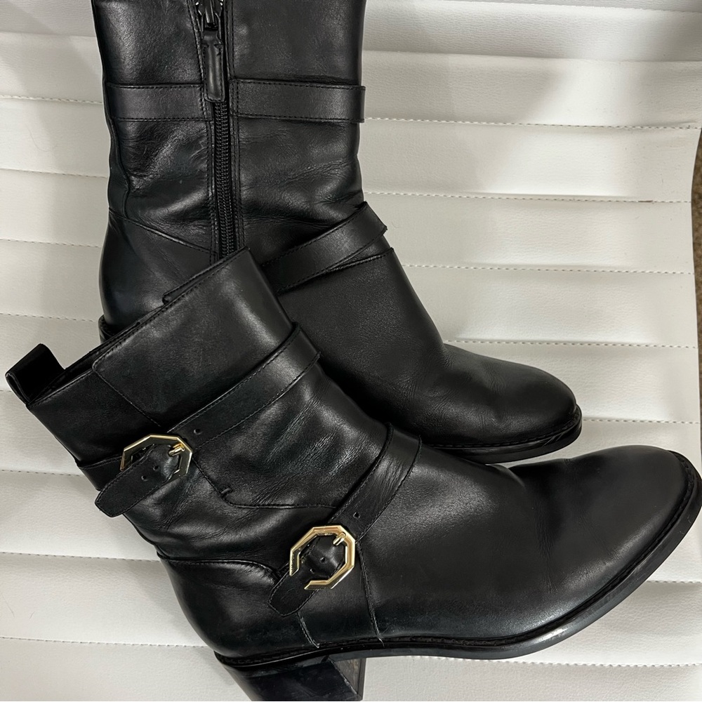 Cole Haan Black Leather Combat Moto Boots with Gold Buckles